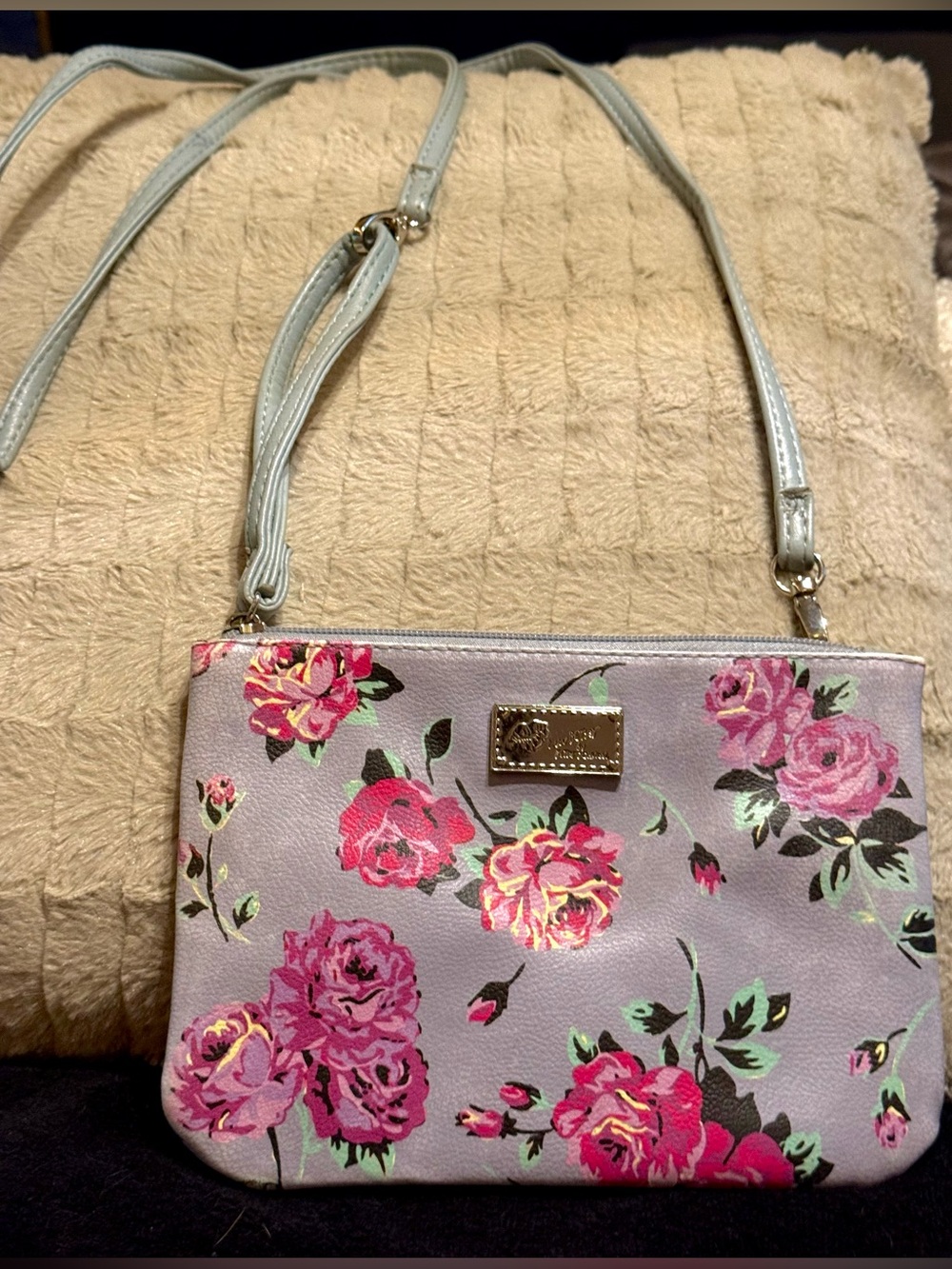Betsey Johnson Lavender Crossbody with Pink Floral Accents
